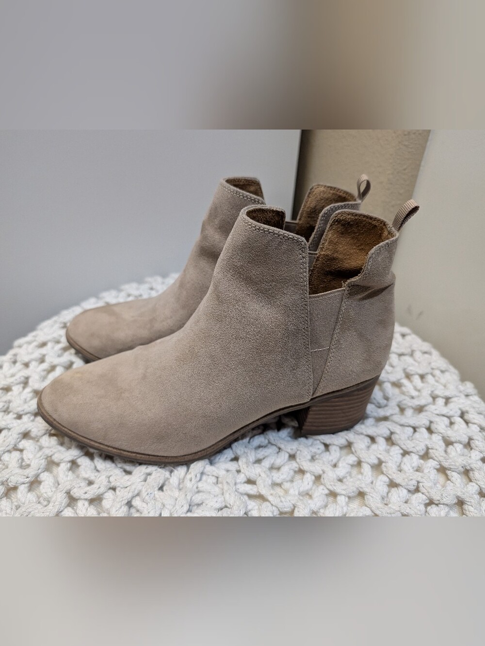 Dr. Scholl's Taupe Suede Ankle Booties with Low Stacked Heel